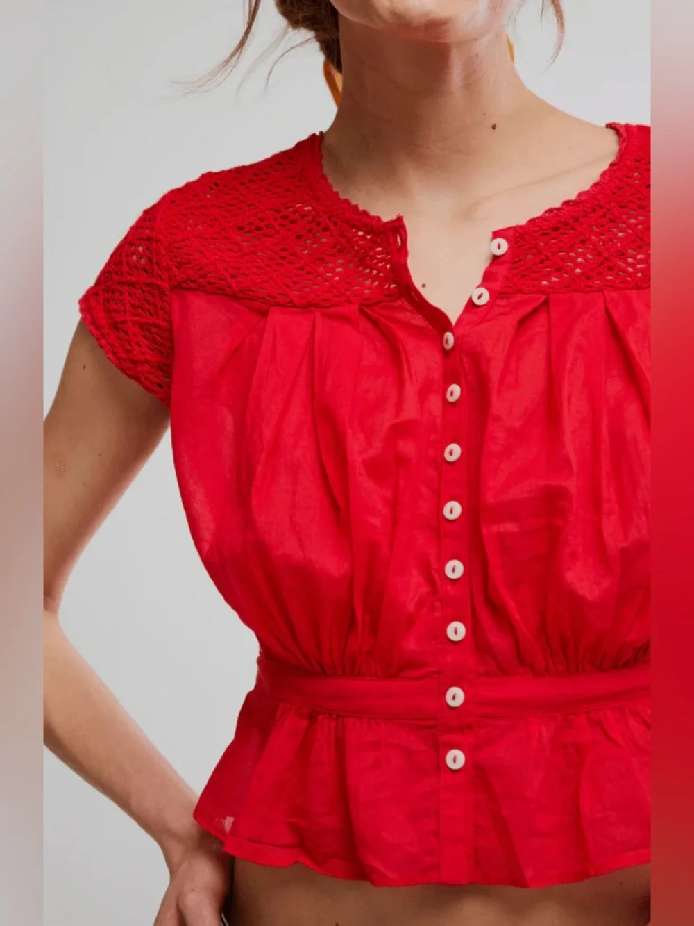 🆕 FREE PEOPLE High Risk Gemma Embroidered Top Red  Peplum Top NWT SZ LG
